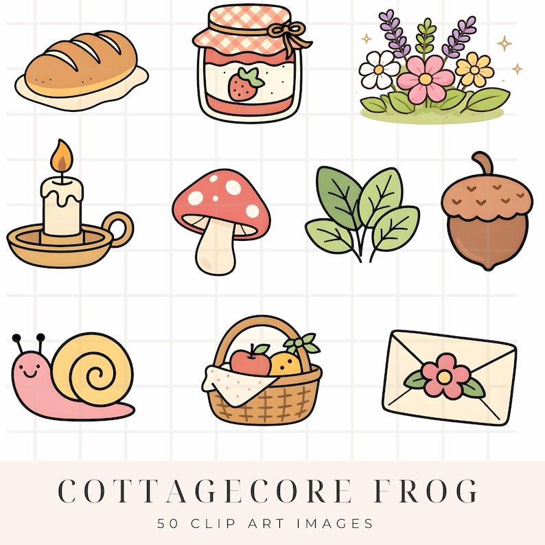 May include: A collection of cottagecore-themed clip art images. Includes a loaf of bread, a jar of strawberry jam, flowers, a candle, a mushroom, leaves, an acorn, a snail, a basket of fruit, and an envelope. The text "COTTAGECORE FROG" is at the bottom.