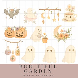 Puede incluir: Un conjunto de 38 im&aacute;genes de clip art de Halloween con fantasmas, calabazas, murci&eacute;lagos, una luna, una taza de t&eacute; y flores. Las im&aacute;genes est&aacute;n en un estilo de acuarela y tienen una est&eacute;tica caprichosa y linda.