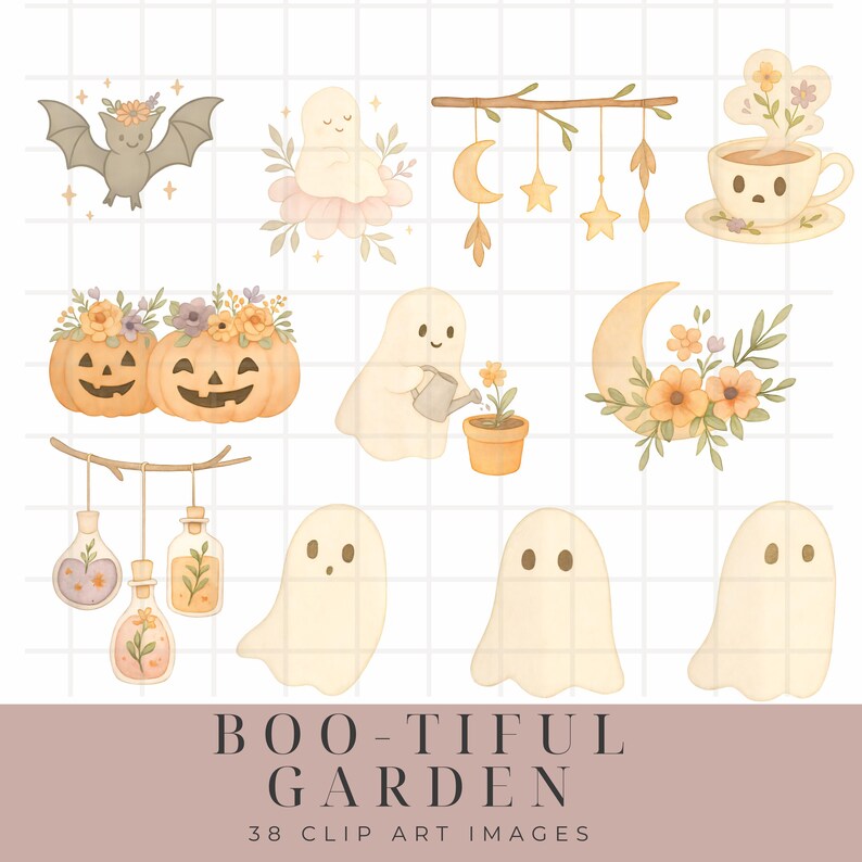 Puede incluir: Un conjunto de 38 im&aacute;genes de clip art de Halloween con fantasmas, calabazas, murci&eacute;lagos, una luna, una taza de t&eacute; y flores. Las im&aacute;genes est&aacute;n en un estilo de acuarela y tienen una est&eacute;tica caprichosa y linda.