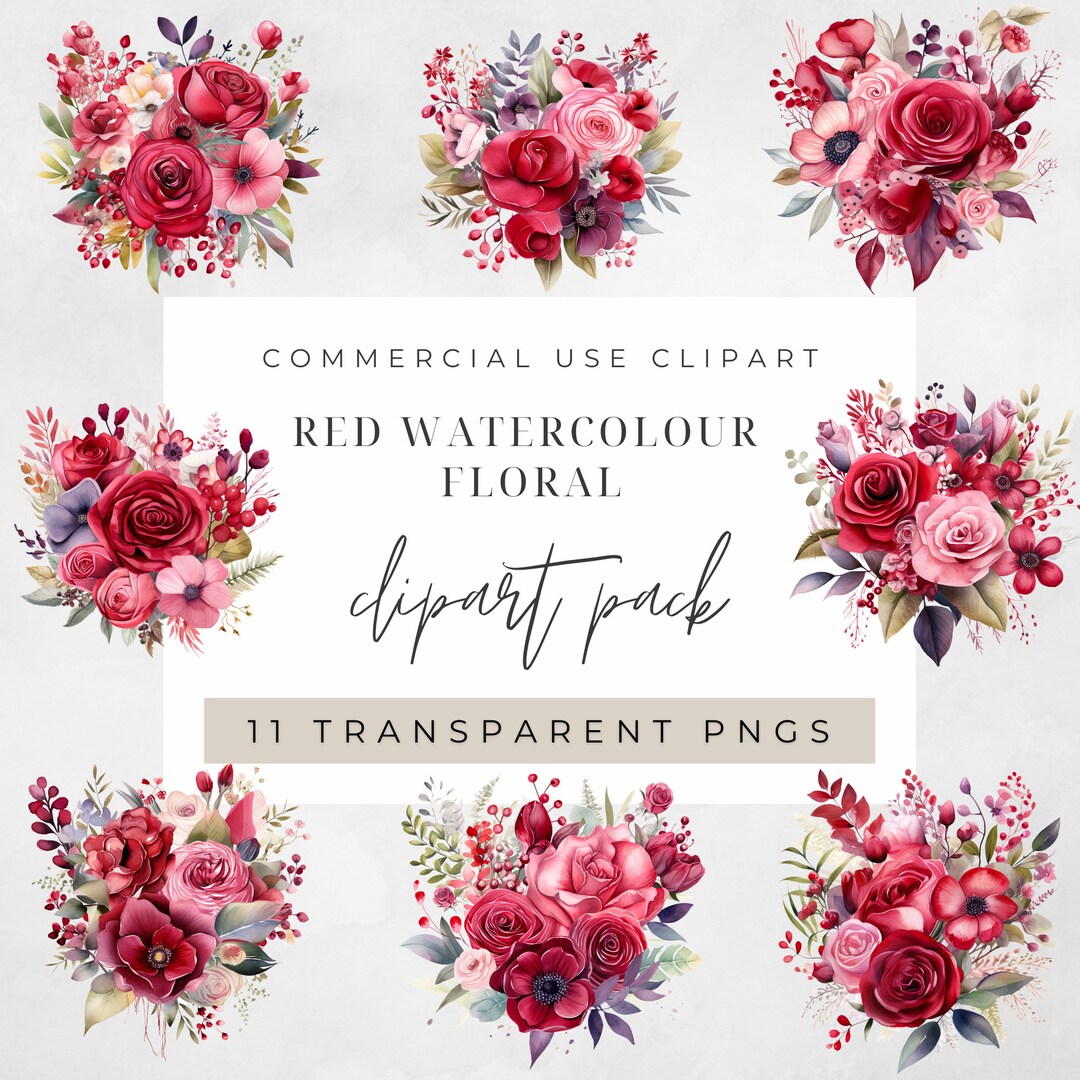 Valentines Red Floral Bouquet Watercolor Clipart PNG, Junk Journaling ...