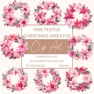 Pink Floral Wreaths Clip Art Pack Watercolour, Clipart or Commercial Use, Christmas Wreaths, wall art Watercolour PNG