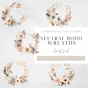 Acuarela Neutral Boho Corona Clipart, PAQUETE, Flores, Medias Coronas, Boda Minimalista, Hojas, Png Transparente, Uso Comercial