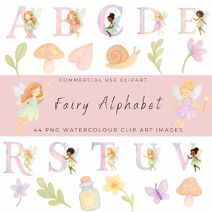 Ensemble de cliparts alphabet fée aquarelle | Éléments magiques supplémentaires | Fantaisie pastel PNG | Joli jardin d'art féerique pour travaux manuels et cartes