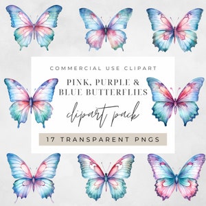 Clipart farfalla blu viola rosa acquerello, clipart per uso commerciale, PNG trasparenti, farfalle acquerello Boho arcobaleno
