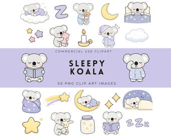 Sleepy Koala Clipart | Australian Native Animal Clipart Bundle, Koala PNG, Simple Bold Characters, Digital Download