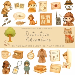 Aquarell Kind Detektiv Clipart | Girl & Boy Sleuths, Lupe, Spionage-Werkzeuge | Mystery PNGs für Scrapbooking und Kunsthandwerk