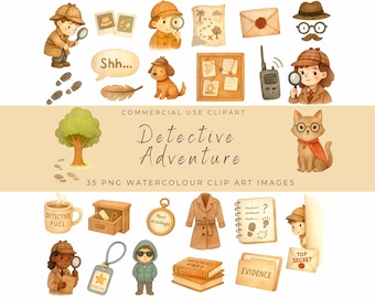 Watercolor Kid Detective Clipart | Girl & Boy Sleuths, Magnifying Glass, Spy Tools | Mystery PNGs for Scrapbooking and Crafts