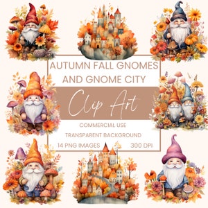 Autumn Fall Gnomes Clip Art Pack Watercolour, Clipart or Commercial Use, Gnome City, Wall Art Watercolour PNG