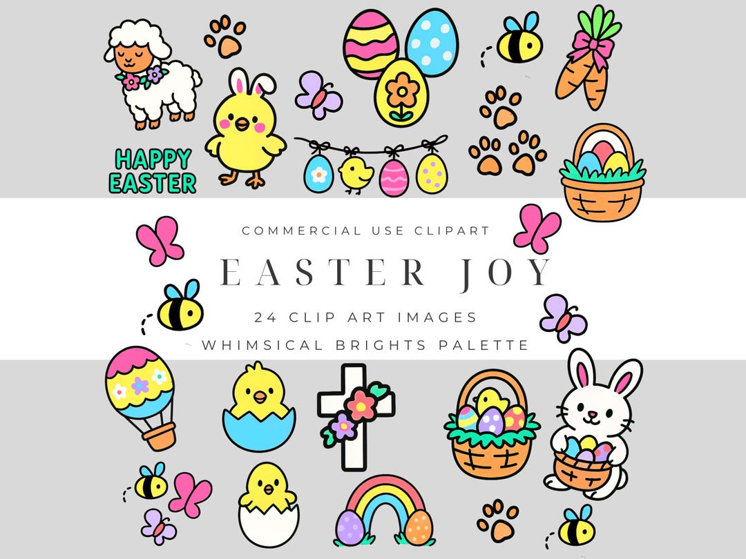 Bright Easter Clipart Pack - Bold & Easy Cute Pngs of Bunnies, Eggs ...