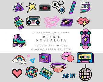 Retro 80s Nostalgia Clipart Pack – Bright & Vintage-Inspired Graphics for Stickers, Planners, Scrapbooking and Crafts - Commercial Use