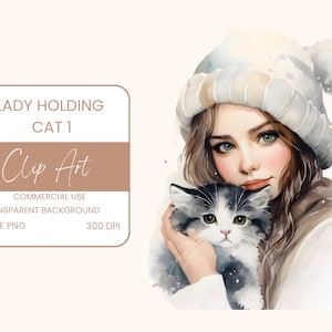 Dame tenant le chat Clip Art Pack aquarelle, PNG unique, Clipart ou usage commercial, adorables animaux mignons, art mural aquarelle PNG