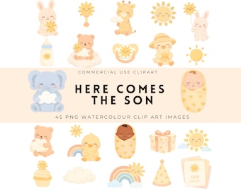 Here Comes The Son Clipart | Sun Baby Clipart Bundle, Baby Shower PNG, Simple Bold Characters, Digital Download