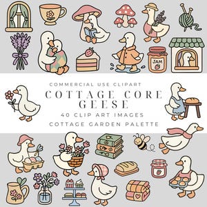 Paquete de imágenes prediseñadas de Silly Goose Cottagecore: acogedores PNG de gansos de granja con flores y gorros: ilustraciones rústicas de animales para manualidades e invitaciones
