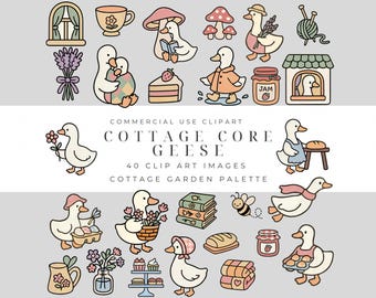 Silly Goose Cottagecore Clipart Pack – Cozy Farm Goose PNGs with Flowers & Bonnets – Rustic Animal Illustrations for Crafts and Invites