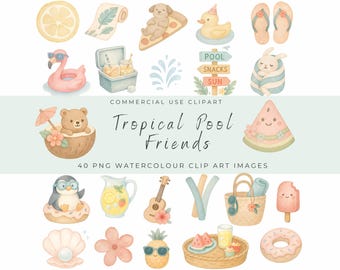 Tropical Pool Float Clipart | Watercolor Summer Animals | Cute Floaties, Flamingo, Donut, Avocado | Pastel Beach PNG Set