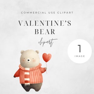 Valentine’s Bear Watercolor Clipart PNG, Junk Journaling, single image, Balloon Winter Bear Commercial Use Digital Instant Download