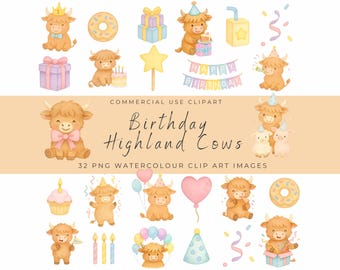 Highland Cow Birthday Clipart – Watercolor Party Cows PNG, Pastel Farm Animal Birthday Set, Cute Calf Cake Balloons Gifts Decorations