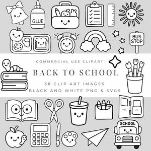Terug naar school clipartpakket – Gedurfde en gemakkelijke schoolbenodigdheden, boeken, bussen en kinderen PNG's voor docenten en ambachten Zwart-wit PNG en SVG's