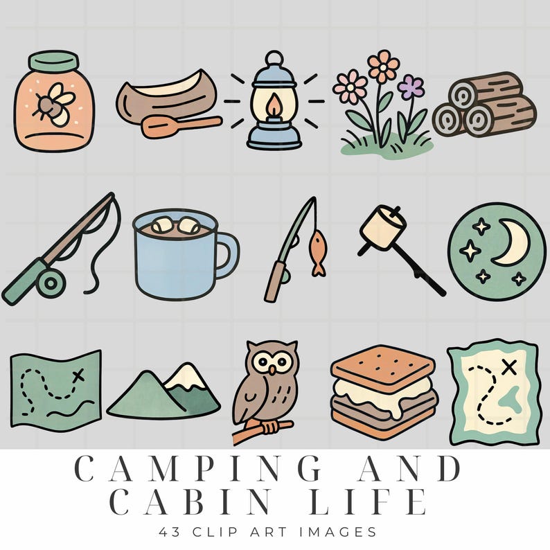 May include: A set of 12 camping and cabin life themed clip art images. The images include a jar of honey, a canoe, a lantern, a flower, a pile of logs, a fishing rod, a mug of hot chocolate, a marshmallow on a stick, a crescent moon, a map, a mountain range, an owl, a s'more, and a treasure map.