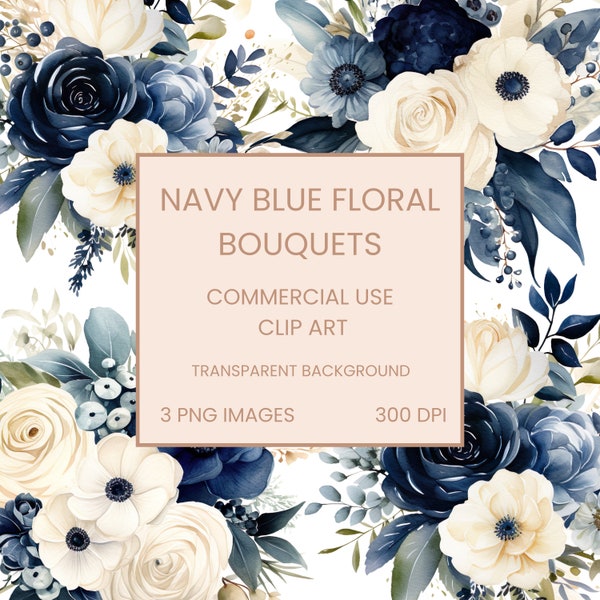 Navy Blue Bouquet Watercolor Clipart PNG, Junk Journaling, single image, Floral Watercolor Wall Art Commercial Use Digital Instant Download