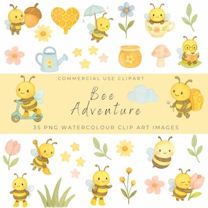 Conjunto de imágenes prediseñadas de acuarela "Aventura de las Abejas": Abejas adorables, flores, miel y elementos de jardín. Baby Shower de primavera, arte infantil, uso comercial.