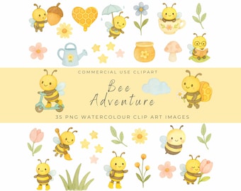 Bee Adventure Watercolor Clipart Set – Cute Bees, Flowers, Honey, Garden Elements – Spring Baby Shower, Kids Art, Commercial Use