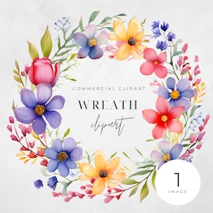 Watercolor Floral Wreath Clipart, Bright Summer Floral, SINGLE IMAGE, Flowers, Half Wreaths, Wedding Boho, Transparent png, Commercial Use