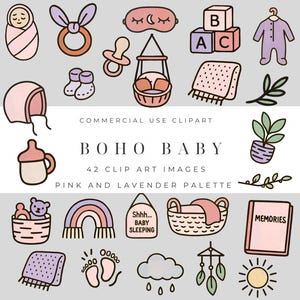 Pack de cliparts bébé bohème - Illustrations simples roses et lavande pour faire-parts, agendas, scrapbooking et travaux manuels Utilisation commerciale