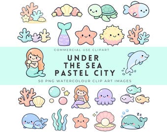 Under The Sea Clipart | Pastel City, Sea Animals Bundle, Cute Mermaid Bold PNG, Digital Download