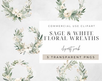 Watercolor Sage and White Wreath Clipart, BUNDLE, Flowers, Half Wreaths, Wedding Minimalist, Leaves, Transparent png, Commercial Use