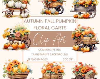 Herfst herfst bloemen pompoen kar clip art pack aquarel, clipart of commercieel gebruik, bundel, pompoenen bloemen, muur kunst aquarel PNG