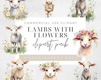 Lamb Clip Art Pack Watercolour, Clipart or Commercial Use,  Flowers, Sheep, Baby Animal, Floral, Wall Art Watercolour PNG