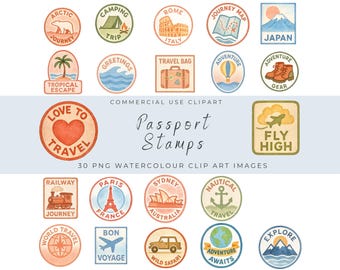 Passport Stamp Watercolour Clipart | Vintage Travel Stamps | World Adventure Globe Air Mail Compass Digital Download PNG