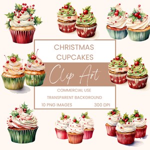 Christmas Cupcakes Clip Art Pack Watercolour, Clipart or Commercial Use, Christmas Festive Food, Wall Art Watercolour PNG