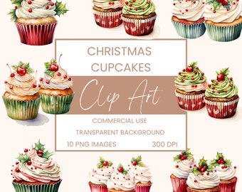Christmas Cupcakes Clip Art Pack Watercolour, Clipart or Commercial Use, Christmas Festive Food, Wall Art Watercolour PNG