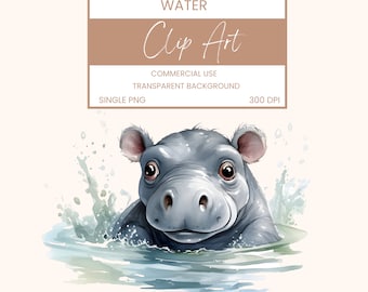 Hippo in Water Clip Art Pack Watercolour, Single PNG, Clipart or Commercial Use,  Cute Adorable Animals, Wall Art Watercolour PNG