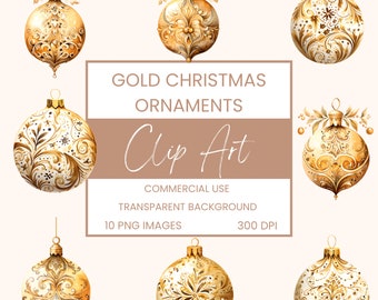 Gold Christmas Ornaments Clip Art Pack Watercolour, Clipart or Commercial Use,  Christmas Decorations, Wall Art Watercolour PNG