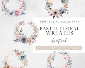 Watercolor Pastel Floral Wreath Clipart, BUNDLE, Flowers, Half Wreaths, Wedding Minimalist, Leaves, Transparent png, Commercial Use