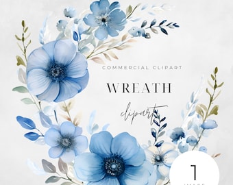 Watercolor Blue Floral Wreath Clipart, SINGLE IMAGE, Flowers, Half Wreaths, Wedding Boho, Minimalist, Transparent png, Commercial Use