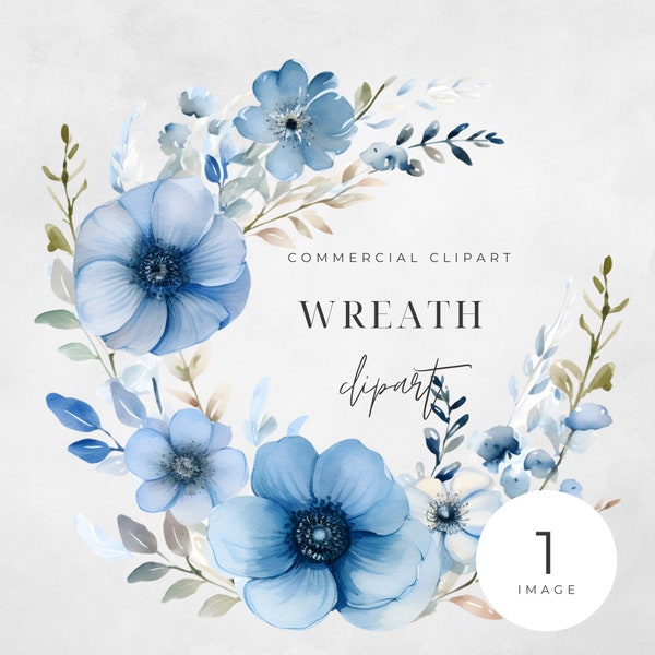 Watercolor Blue Floral Wreath Clipart, SINGLE IMAGE, Flowers, Half Wreaths, Wedding Boho, Minimalist, Transparent png, Commercial Use