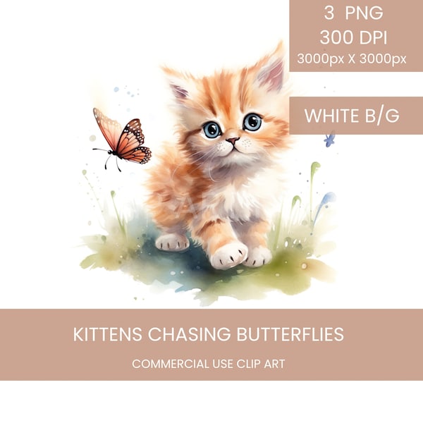 Kittens Chasing Butterflies Party Clip Art Pack Watercolour, Clipart or Commercial Use, cute kittens, cats and butterflies Watercolour PNG