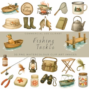 Ensemble de cliparts de pêche à l'aquarelle | Accessoires, bateaux, leurres et scènes de rivière | Graphismes rustiques de pêche en plein air PNG