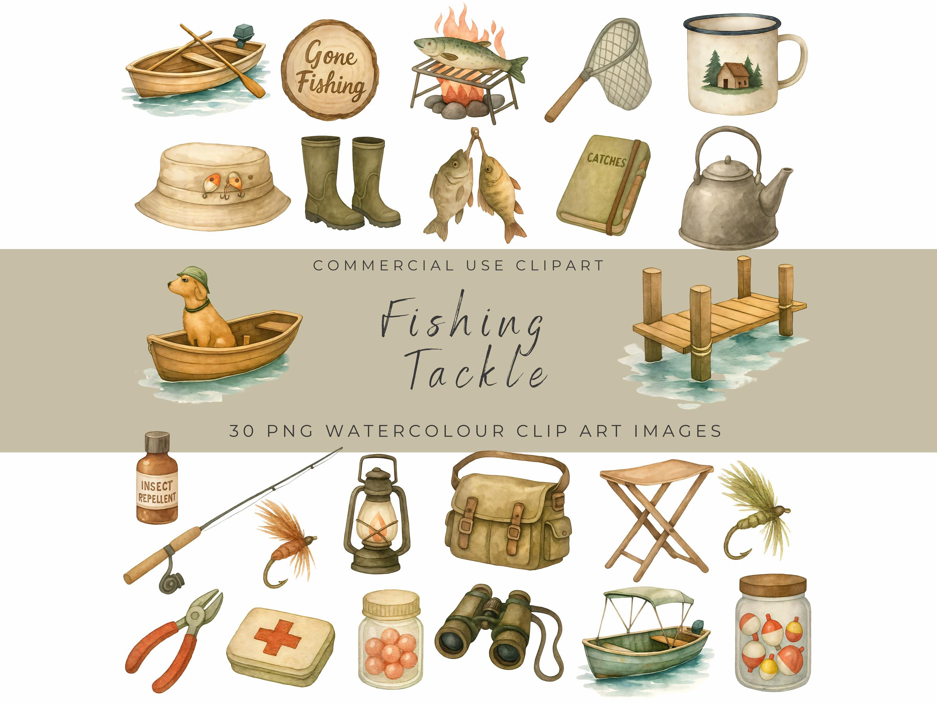 Watercolor Fishing Clipart Set | Tackle Box Tools, Boats, Lures & River Scenes | Rustic Outdoor Fishing PNG Graphics