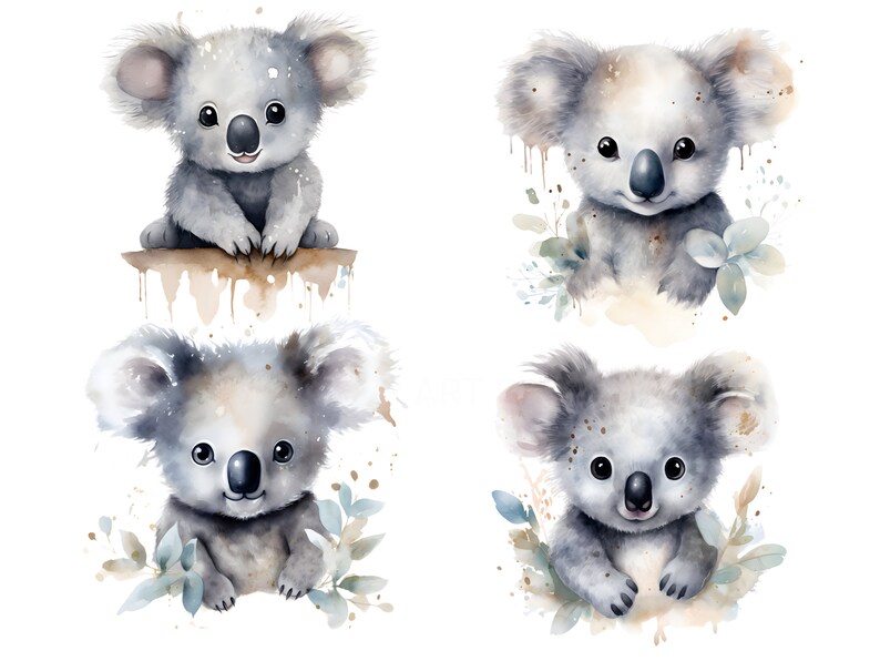 Koalas With Eucalyptus Leaves Clip Art Pack Watercolour, Clipart or ...