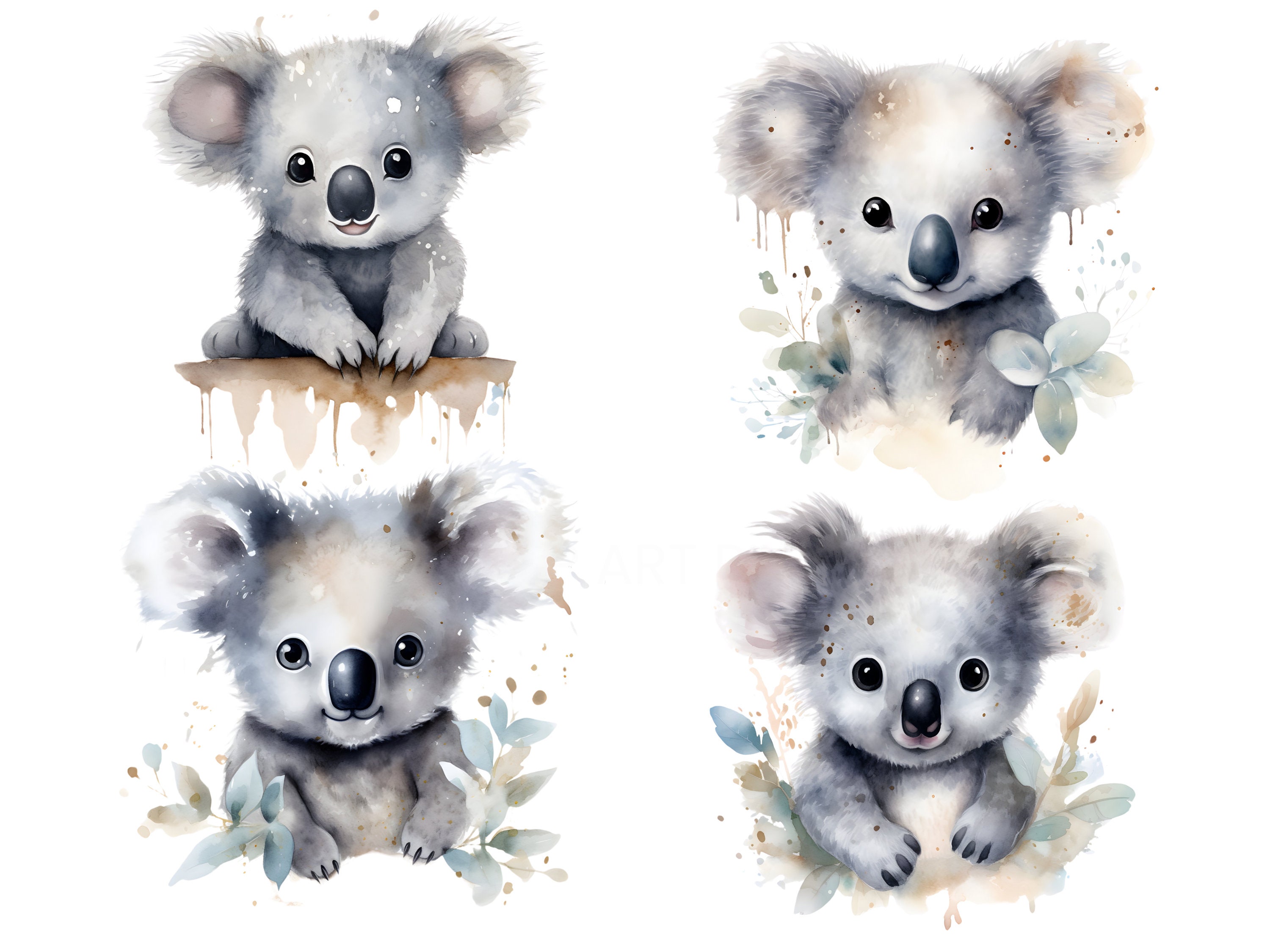 Koalas With Eucalyptus Leaves Clip Art Pack Watercolour, Clipart or ...