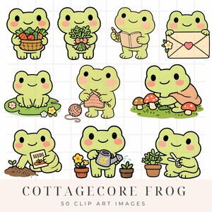 May include: A collection of nine cartoon frog illustrations in various poses. The frogs are light green with pink cheeks and are depicted with items like a basket of vegetables, a bouquet, a book, and an envelope. The text "COTTAGECORE FROG" and "50 CLIP ART IMAGES" is at the bottom.