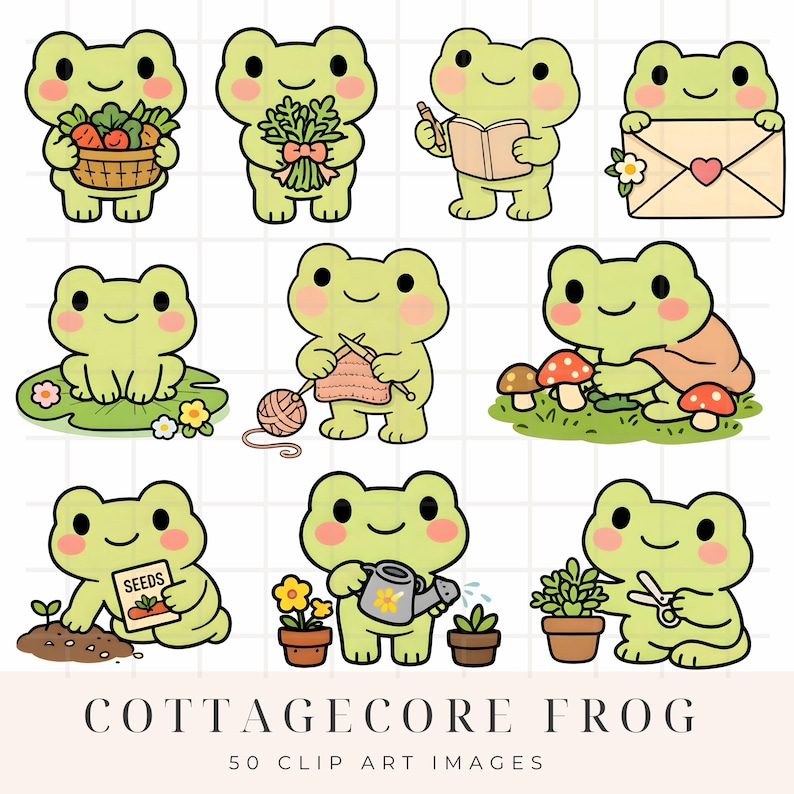 May include: A collection of nine cartoon frog illustrations in various poses. The frogs are light green with pink cheeks and are depicted with items like a basket of vegetables, a bouquet, a book, and an envelope. The text "COTTAGECORE FROG" and "50 CLIP ART IMAGES" is at the bottom.
