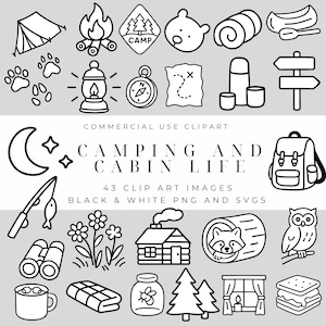 Paquete de imágenes prediseñadas de camping y vida en cabaña: contornos llamativos para pegatinas, planificadores, álbumes de recortes, PNG y SVG en blanco y negro para uso comercial.