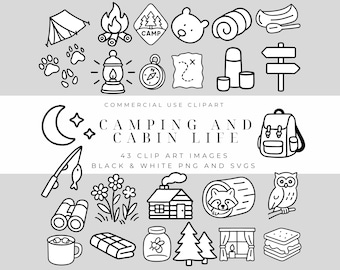 Cosy Camping & Cabin Life clipartpakket – gedurfde contouren voor stickers, planners, scrapbooking, zwart-wit png en SVG's voor commercieel gebruik