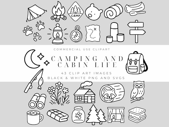 Cozy Camping & Cabin Life Clipart Pack – Bold Outlines for Stickers, Planners, Scrapbooking, Black and White PNG and SVGs for Commercial Use